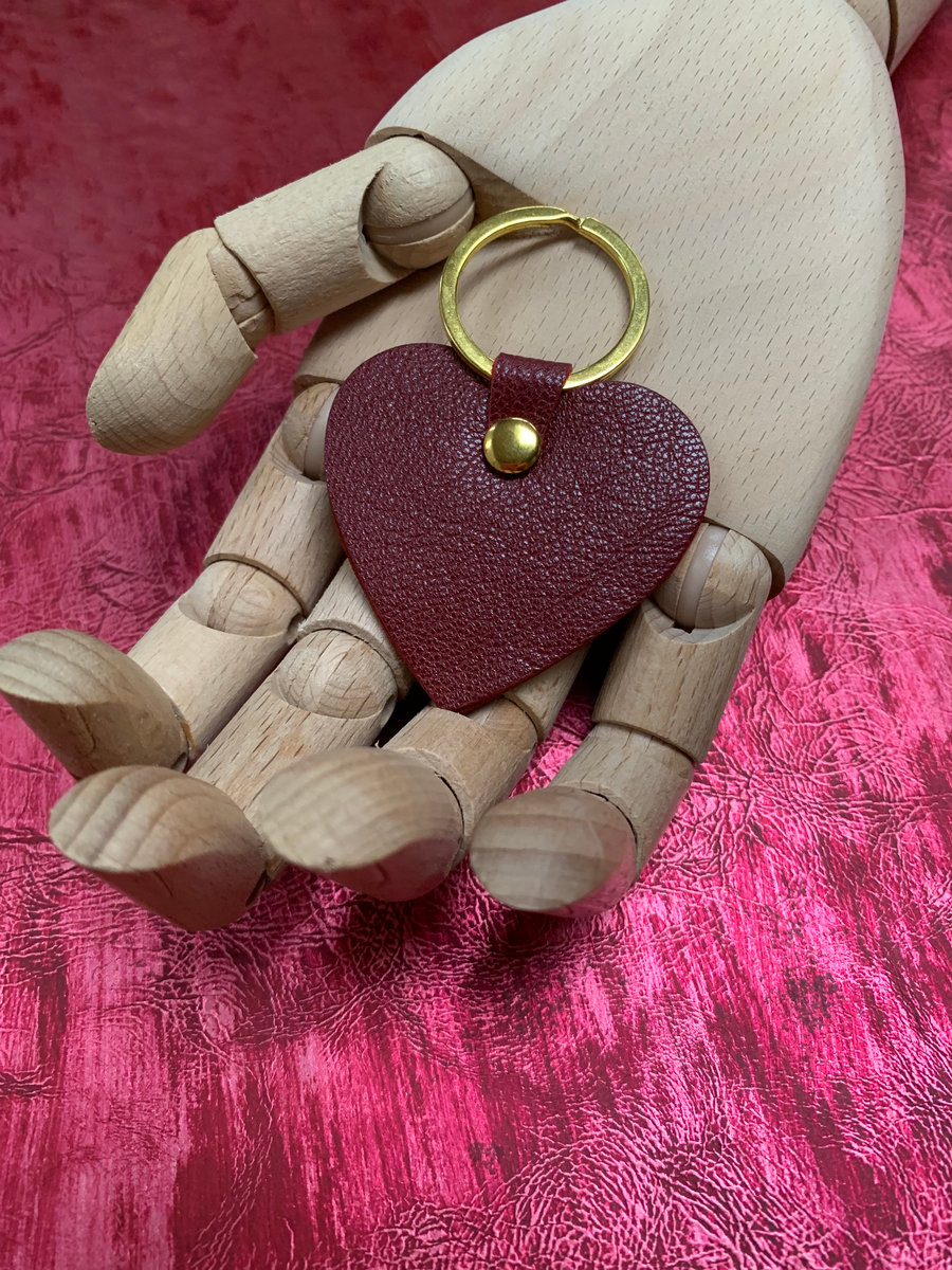 Red leather heart keyring bag charm with gold hardware