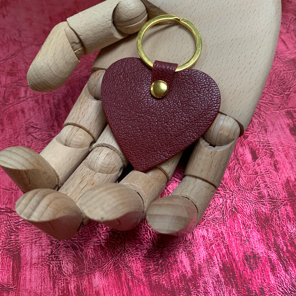 Red leather heart keyring bag charm with gold hardware