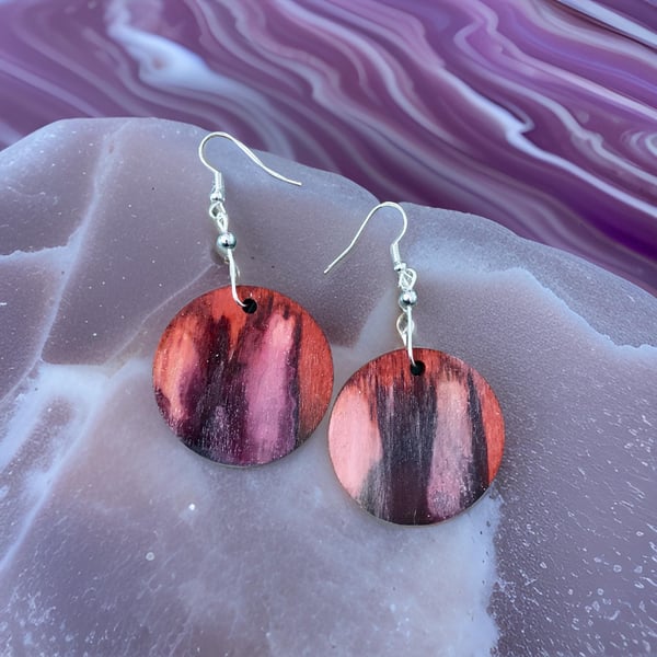 Earrings - Boho style, Dangle, Alcohol Ink on Wood - Silver Plated