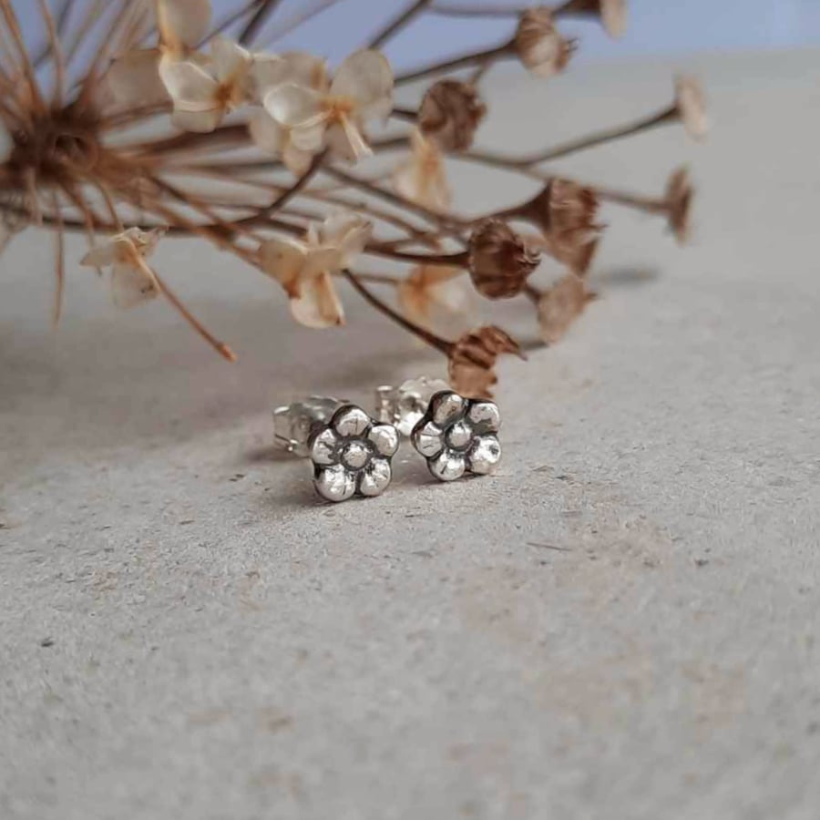 Teeny Tiny Silver Forget Me Not Flower Stud Earrings - Oxidised Fine Silver