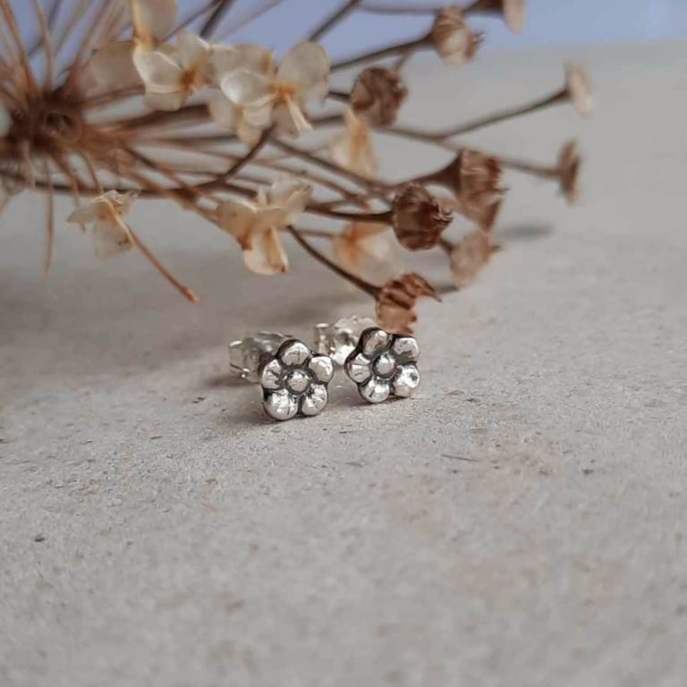 Teeny Tiny Silver Forget Me Not Flower Stud Earrings - Oxidised Fine Silver