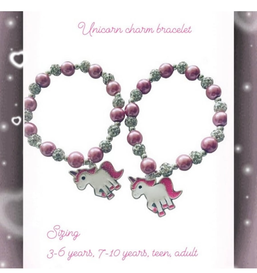 Unicorn shamballa pink stretch beaded bracelet toddler adult kids gift bracelet 