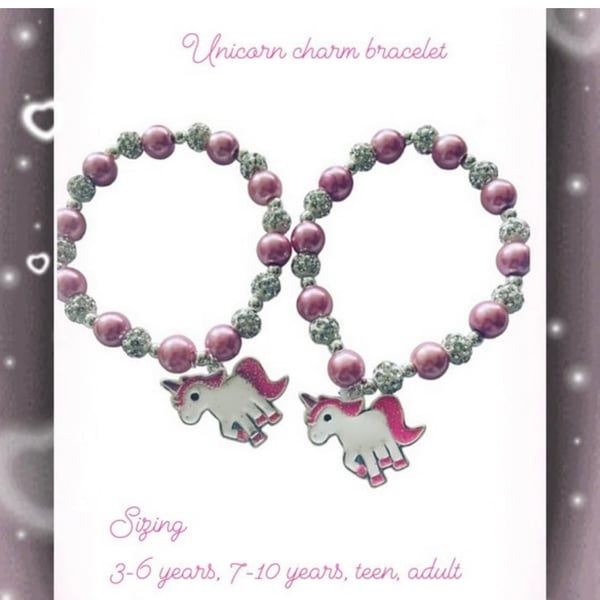 Unicorn shamballa pink stretch beaded bracelet toddler adult kids gift bracelet 