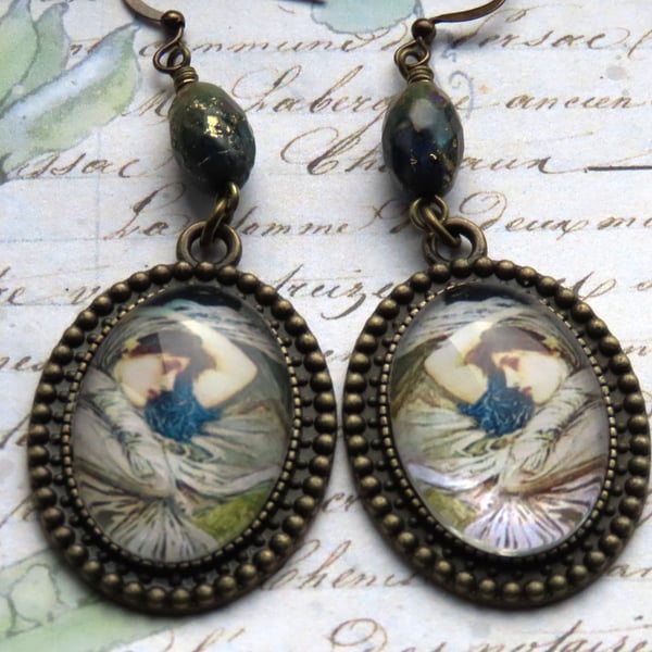 John William Waterhouse "Boreas" Pre-Raphaelite Glass Cabochon Earrings