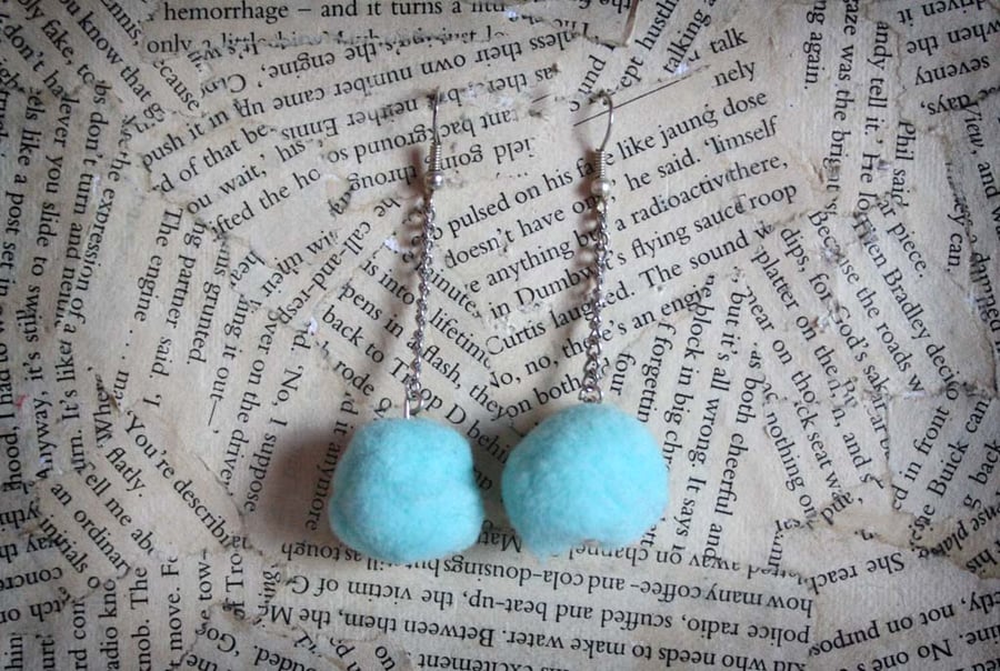 SALE Turquoise Pom Pom Silver Chain Dangle Hook Earrings
