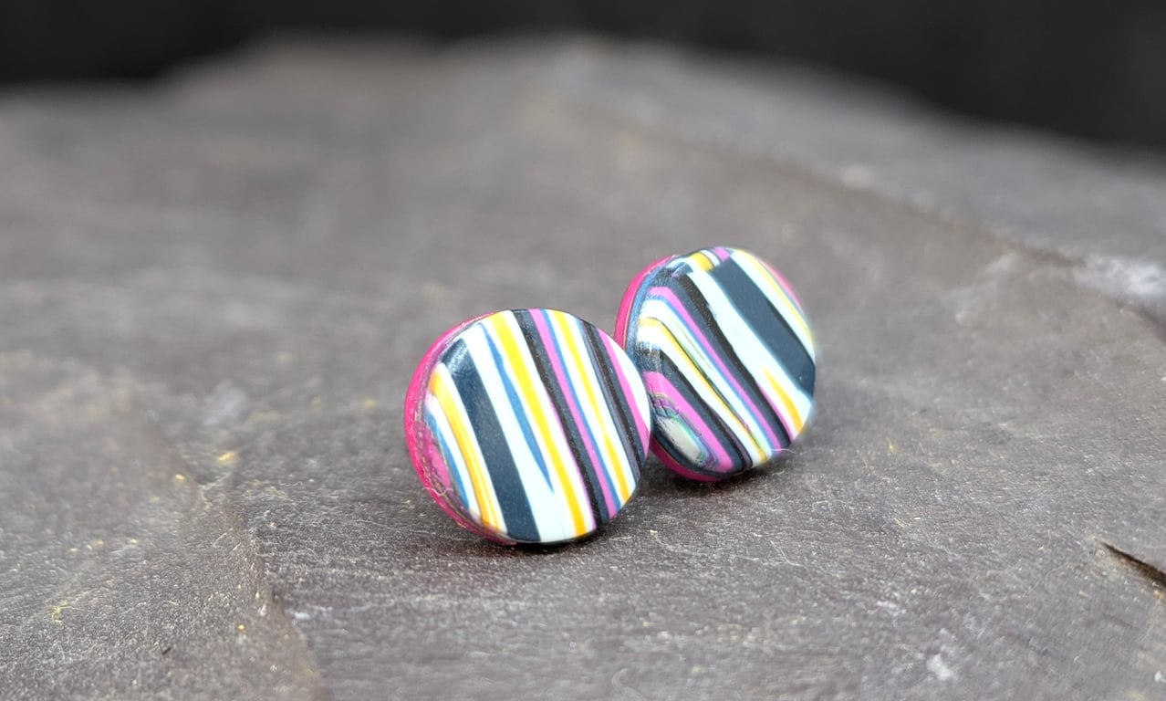 Striped polymer clay studs in blue pink and ochre 10 mm