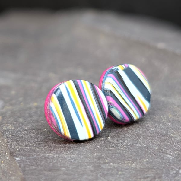 Striped polymer clay studs in blue pink and ochre