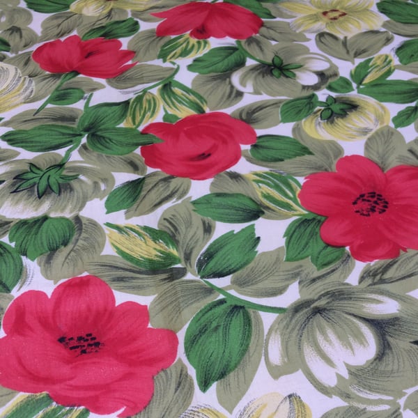 50s Mid Century RETRO Red Rose and Green Leaf vintage fabric Lampshade option 