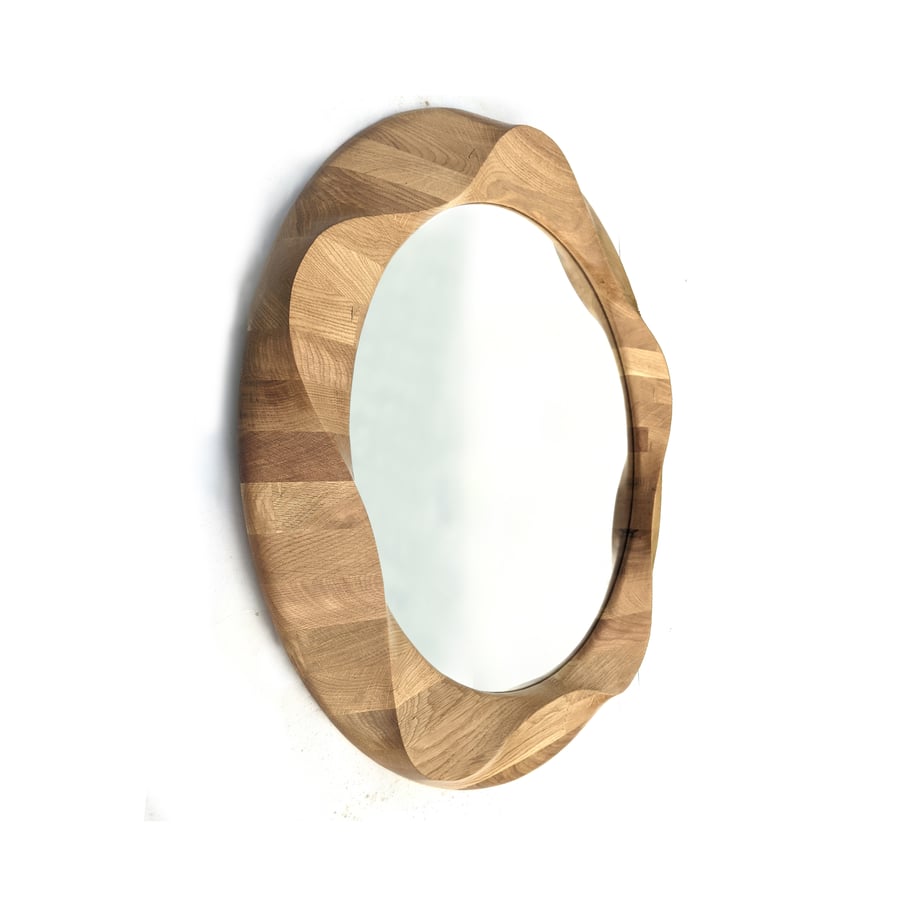 Round mirror made from solid oak wood, ideal living room wall mirror