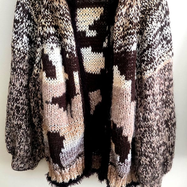 Handmade Cow Print Cardigan – Wool Blend Knit Sweater