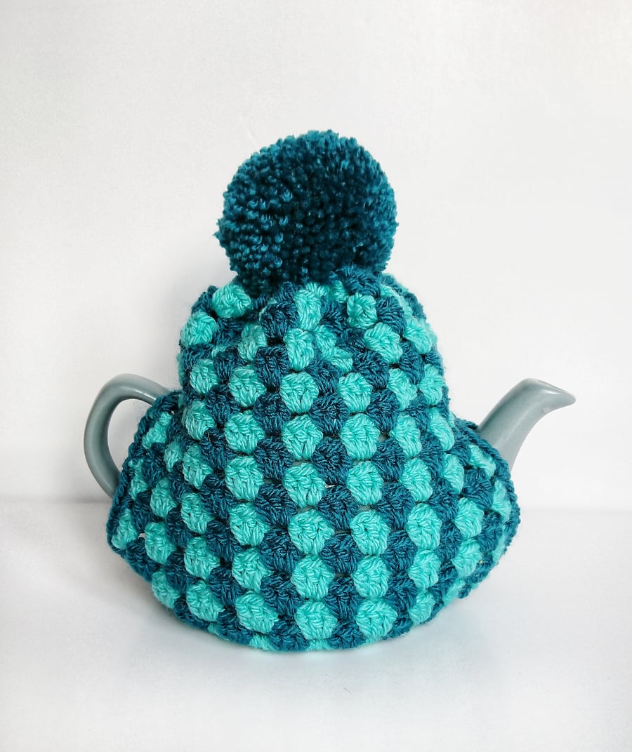 Crochet Tea Cosy with PomPom (for small teapot) - Blue