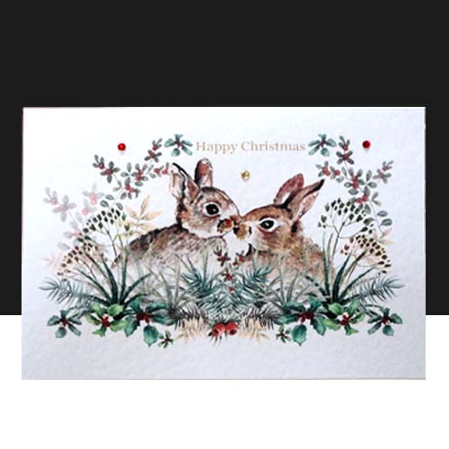 A Luxury Happy Christmas Pair of Bunnies  Handmade Card - unique design