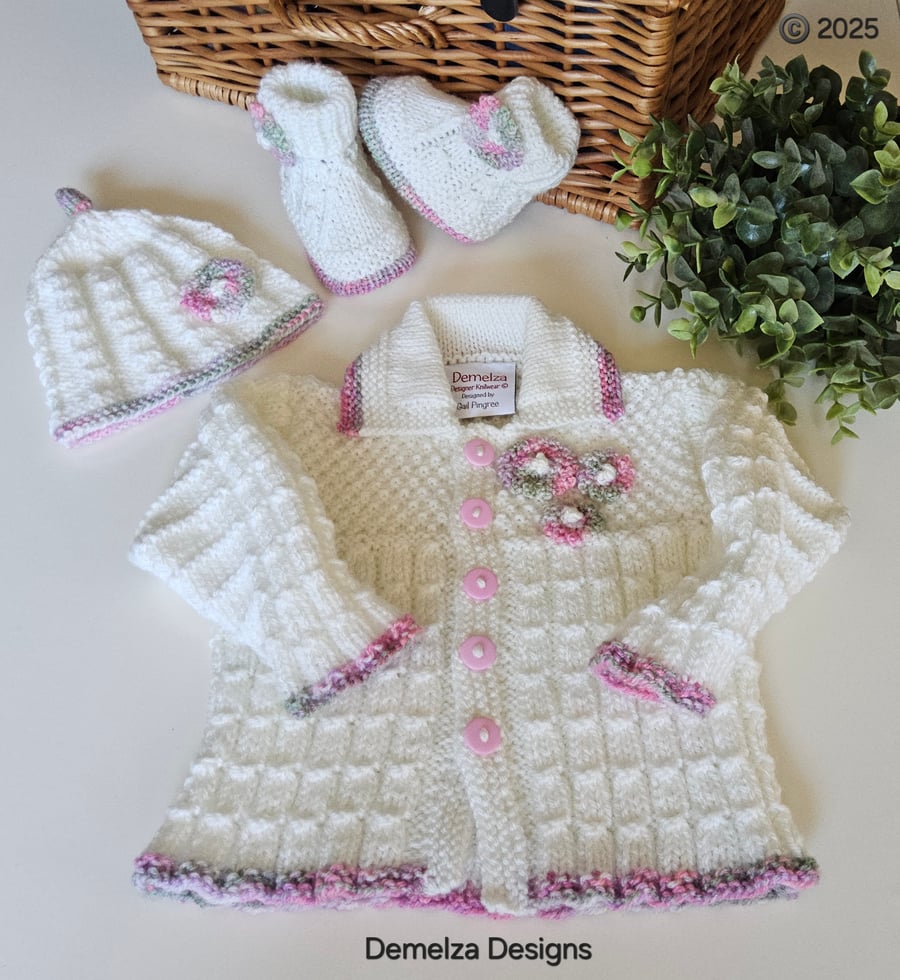 Baby Girls Hand Knitted Jacket, Booties & Hat Set 0-3 Months Size