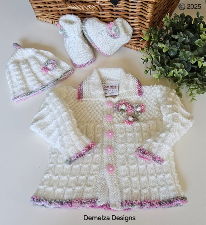 Baby Girls Hand Knitted Jacket, Booties & Hat Set 0-3 Months Size