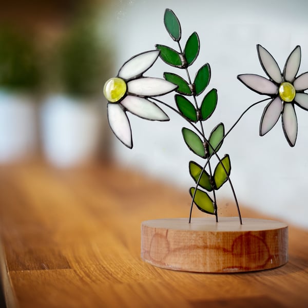 Stained Glass Art Daisy and Green Leaf Ornament on Solid Ash Base