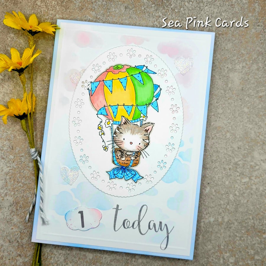 Birthday Card -  Child - cards, age customisable, kitten, balloon