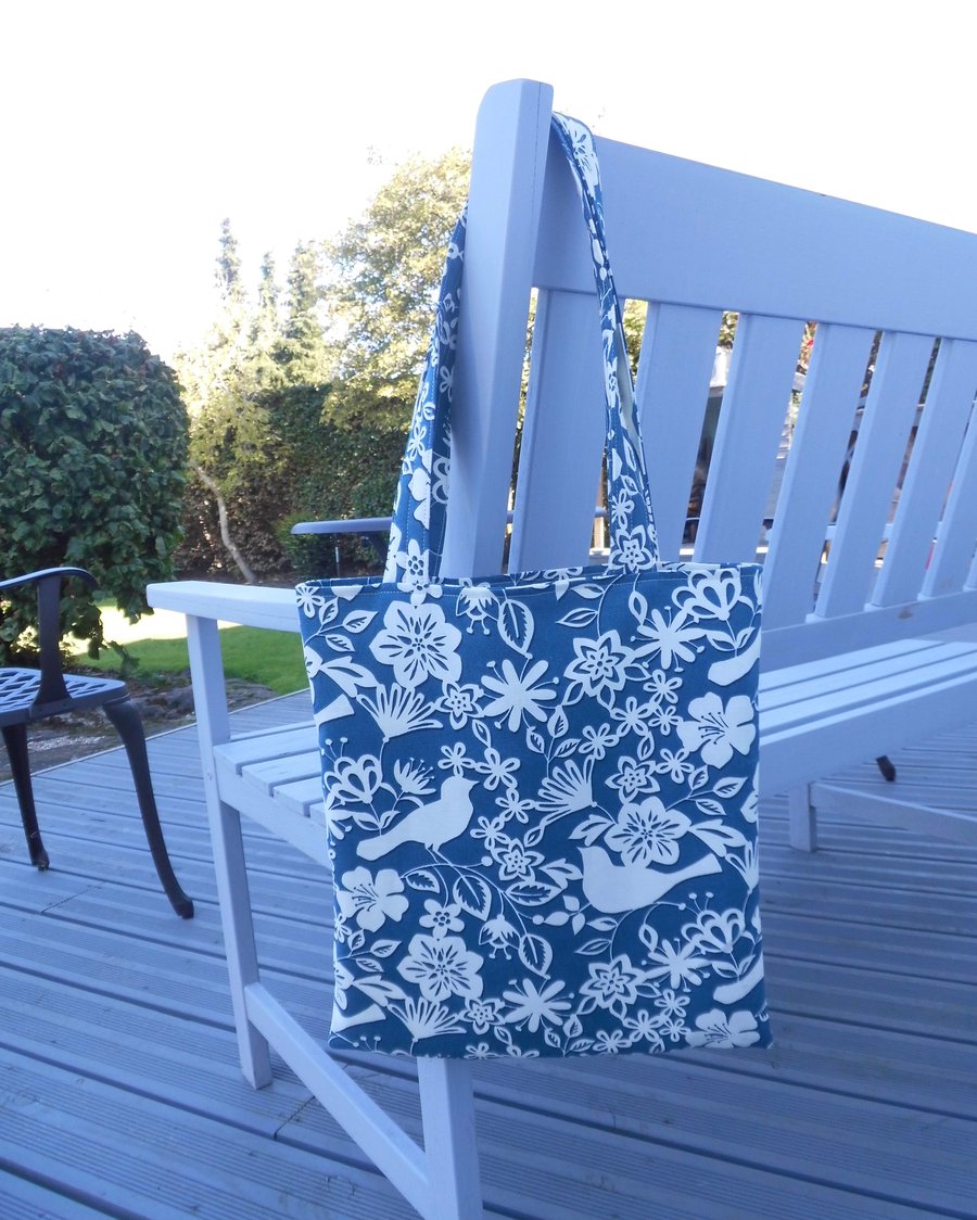 Tote bag long handles shoulder bag birds and flowers modern print