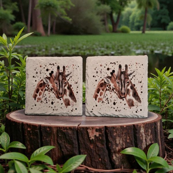 Giraffe Pair Decoupaged Slate Coasters Set of 2