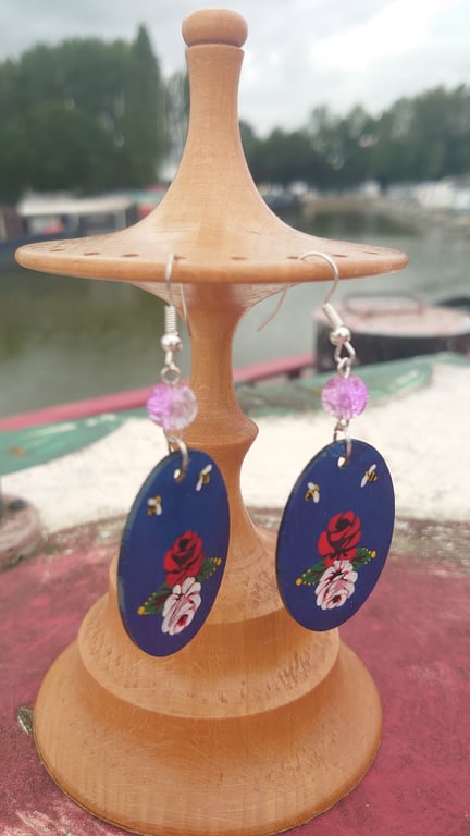 Red, white, and blue Rose and castle handpainted earrings