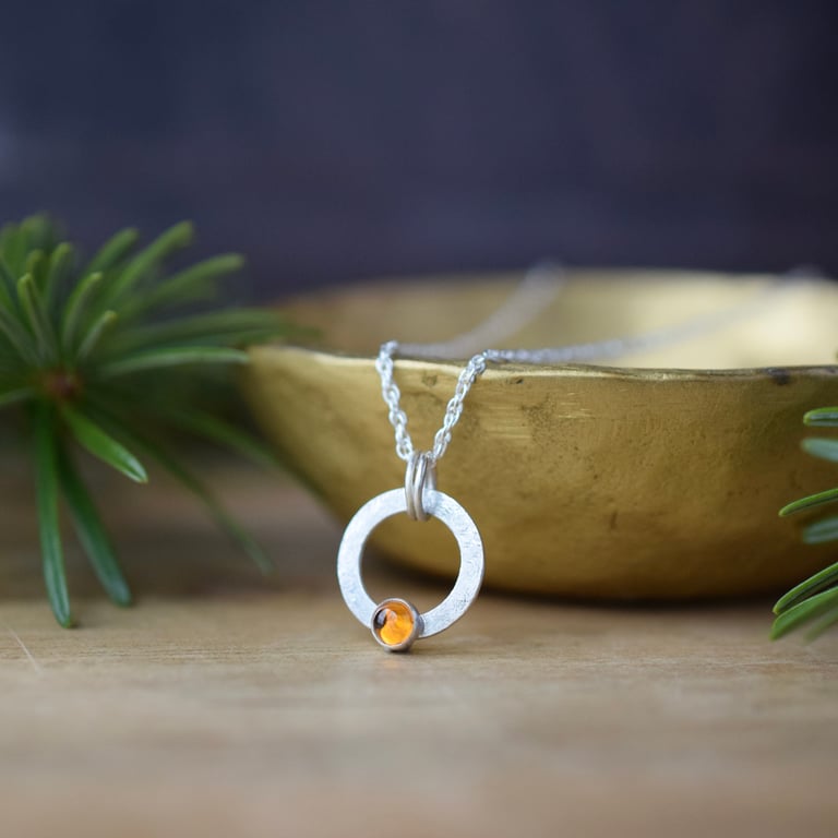 Citrine Gemstone and Dainty Silver Circle Pendant Necklace