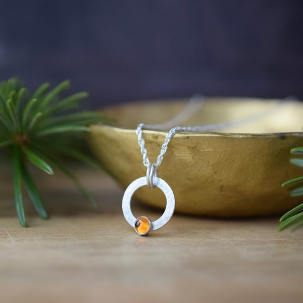 Citrine Gemstone and Dainty Silver Circle Pendant Necklace