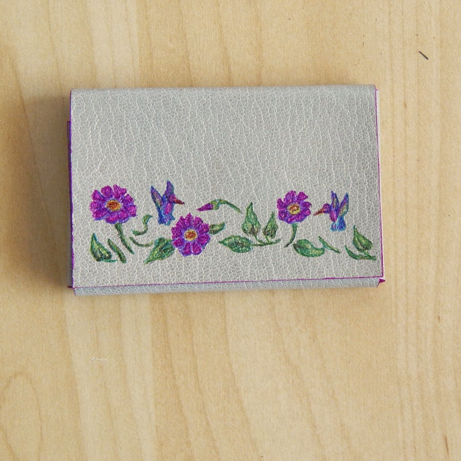 Grey Leather Business Card Holder with Hand Painted Design 