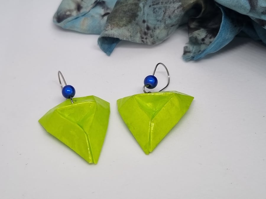 Geometric green paper triangle earrings