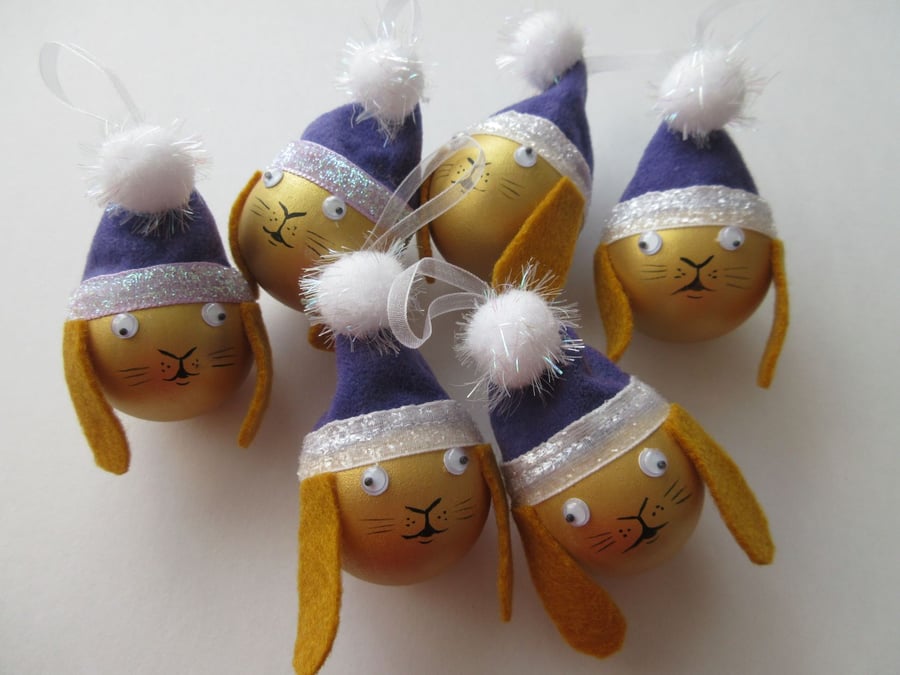 7x Purple Gold Bunny Rabbit Head Christmas Tree Bauble Decorations