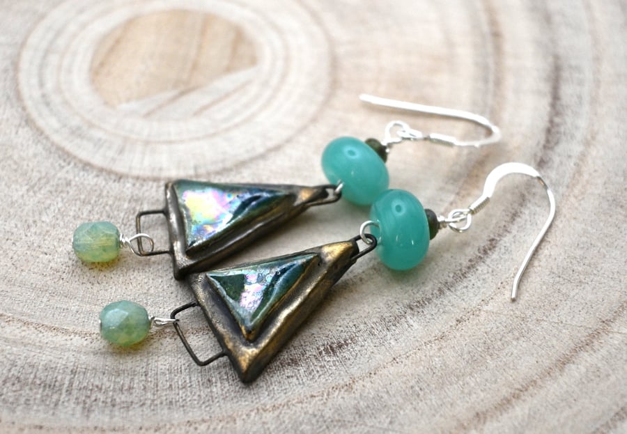green ceramic triangle earrings
