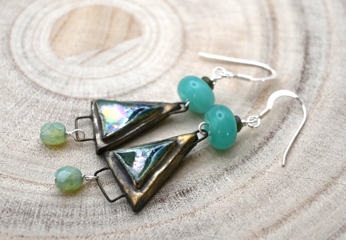 green ceramic triangle earrings