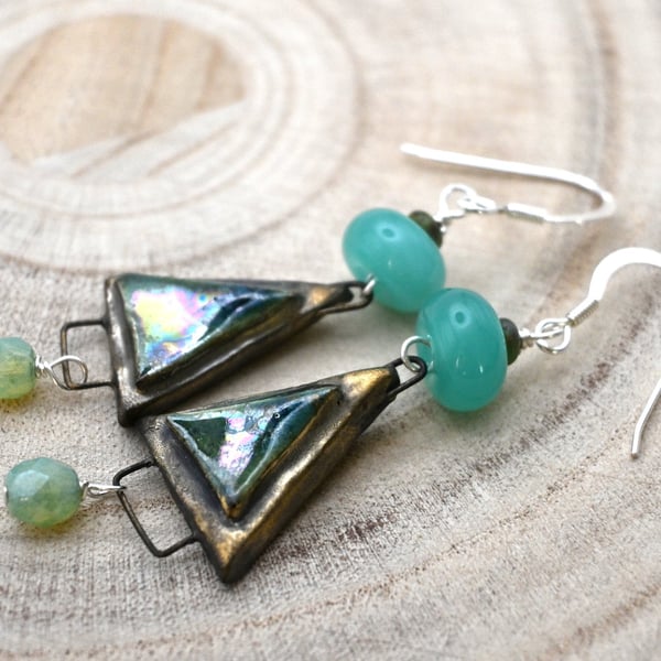 green ceramic triangle earrings