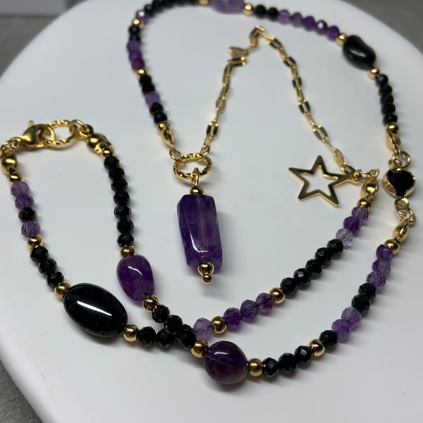 Handmade Amethyst and Black tourmaline necklace, Gemstone necklace