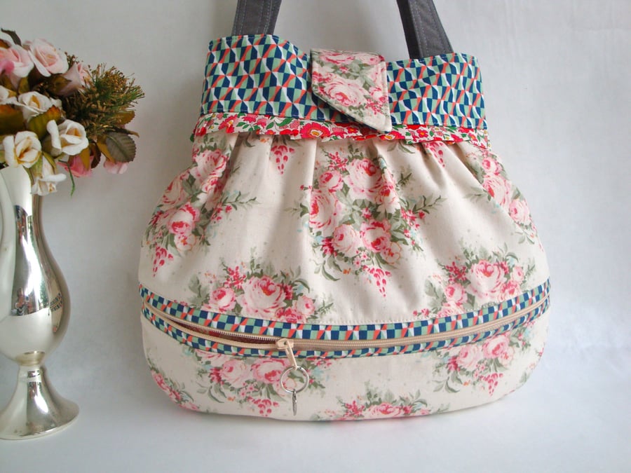 SALE Small  Floral cotton Handbag  - external zip pocket 