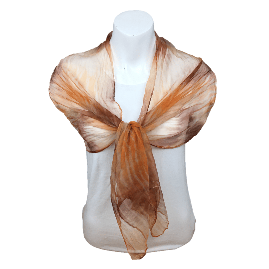 Silk chiffon scarf, hand dyed in brown and orange tiger stripe pattern