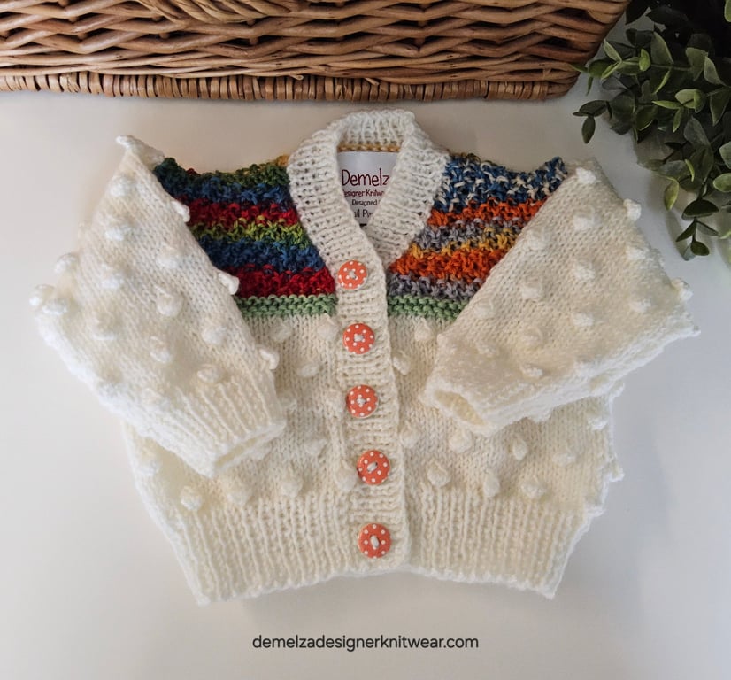 Hand Knitted Bobble Design Merino Wool Baby Cardigan 0-6 months size