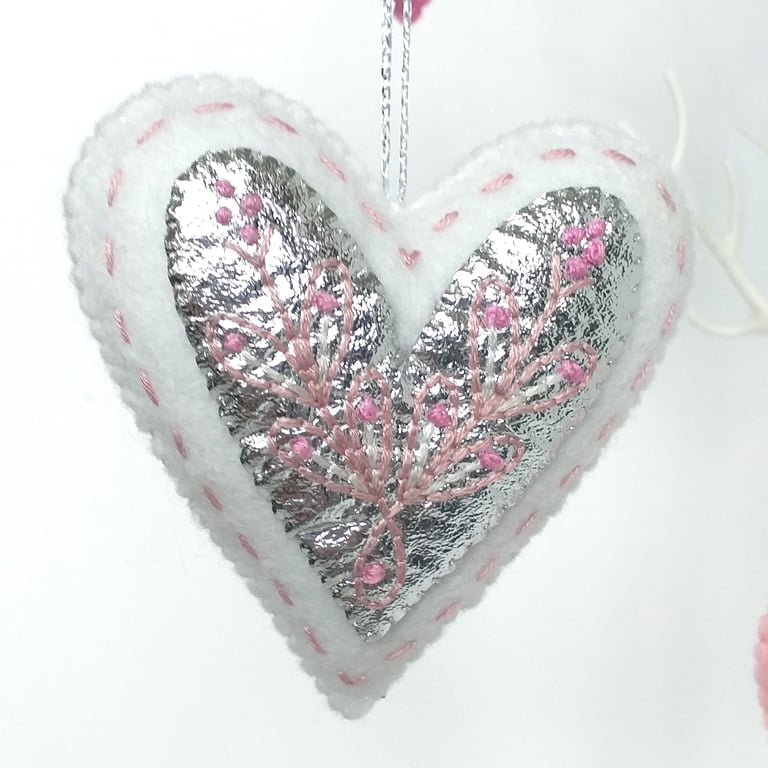 Wool Felt Heart, Embroidered Heart Ornament