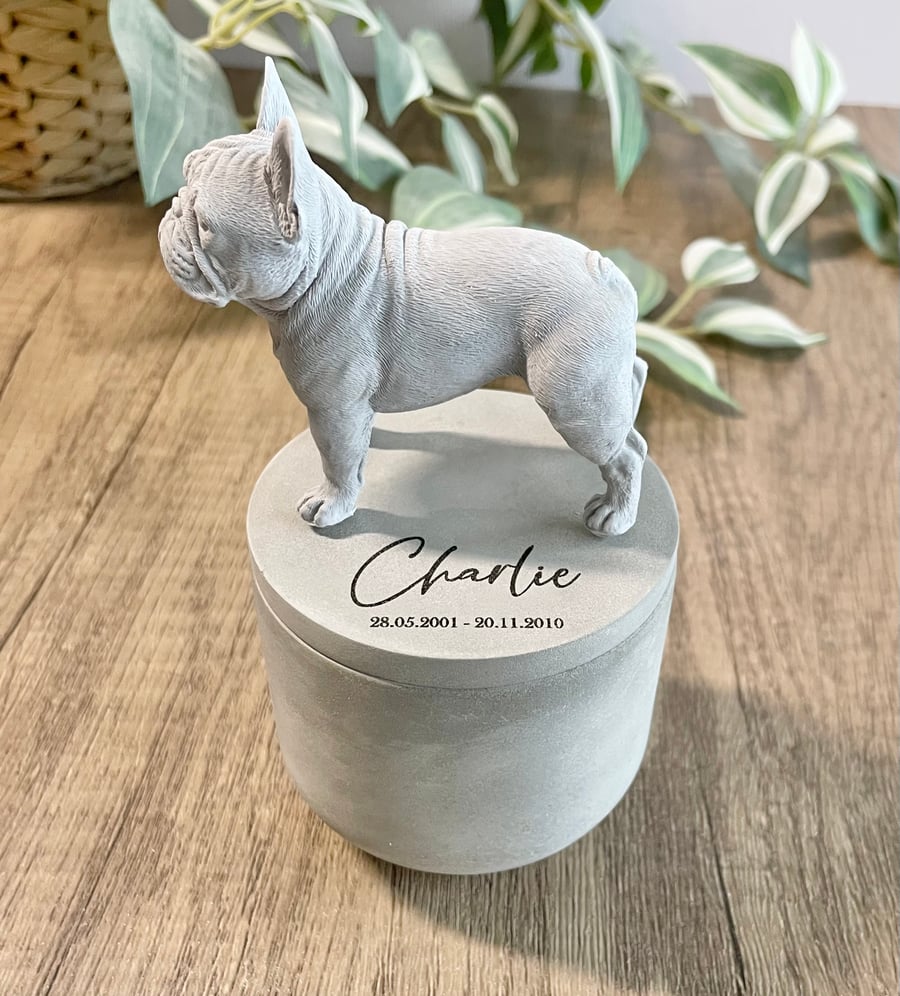Small personalised concrete French bulldog urn