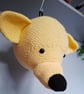 Yellow crocheted bear trophy head with hanging loop