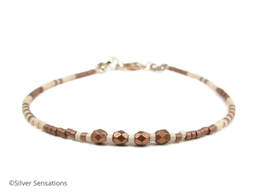 Slim Coffee & Cream Seed Beads Layering Beach Bracelet - 6.5" - 8.5"