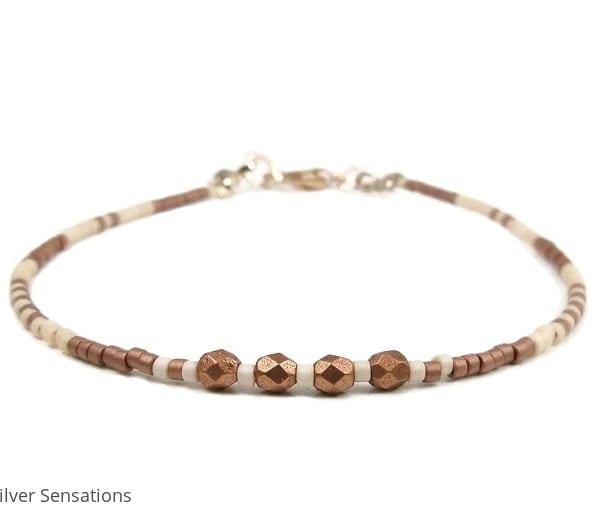 Slim Coffee & Cream Seed Beads Layering Beach Bracelet - 6.5" - 8.5"