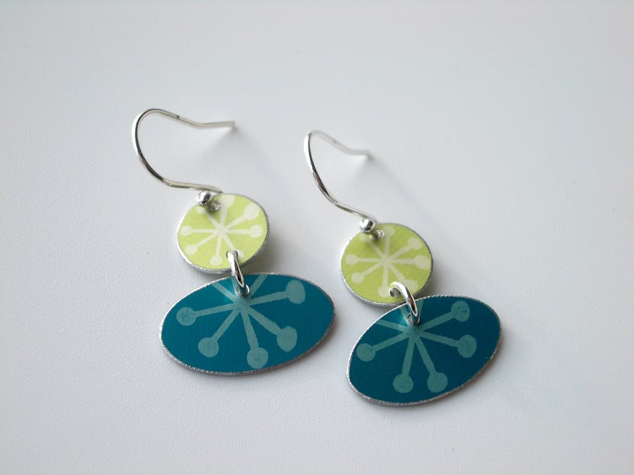 Mid century print earrings in teal and lime with star print