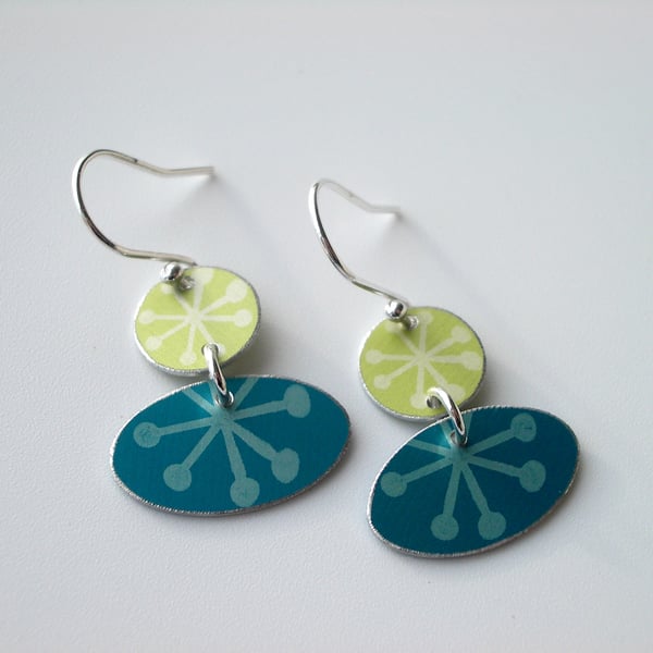 Folk art earrings in teal and lime with star print