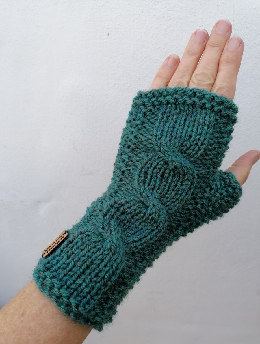 Fingerless Gloves, Ladies Green Tweed Wrist Warmers