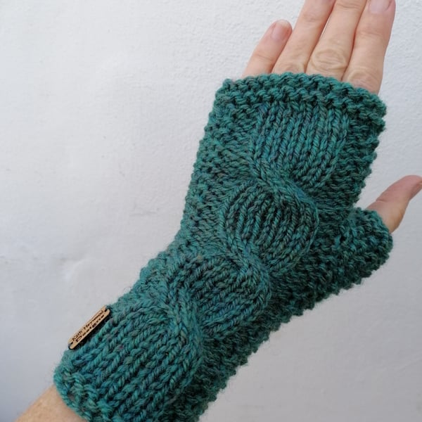 Fingerless Gloves, Ladies Green Tweed Wrist Warmers