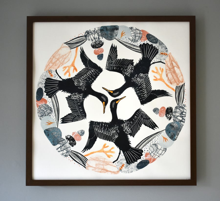 COLLAGE - Cormorant Trio  BEACH SEA PEBBLES SEAWEED