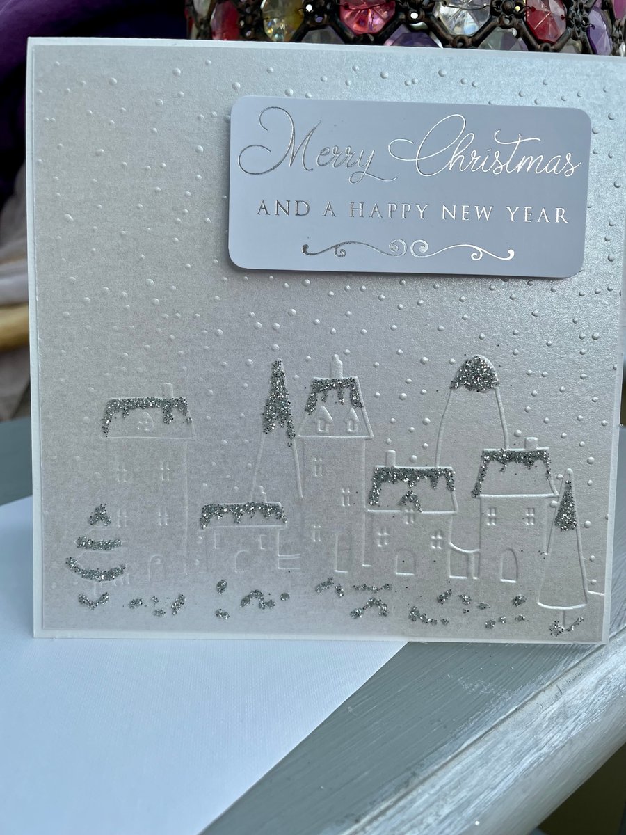 Snowy village scene luxury merry christmas card