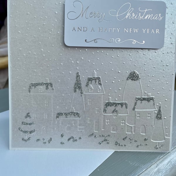 Snowy village scene luxury merry christmas card