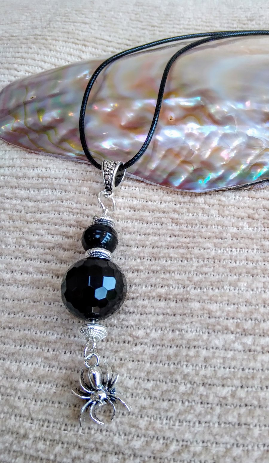 Large faceted OBSIDIAN orb, glass & Tibetan silver beaded SPIDER charm NECKLACE