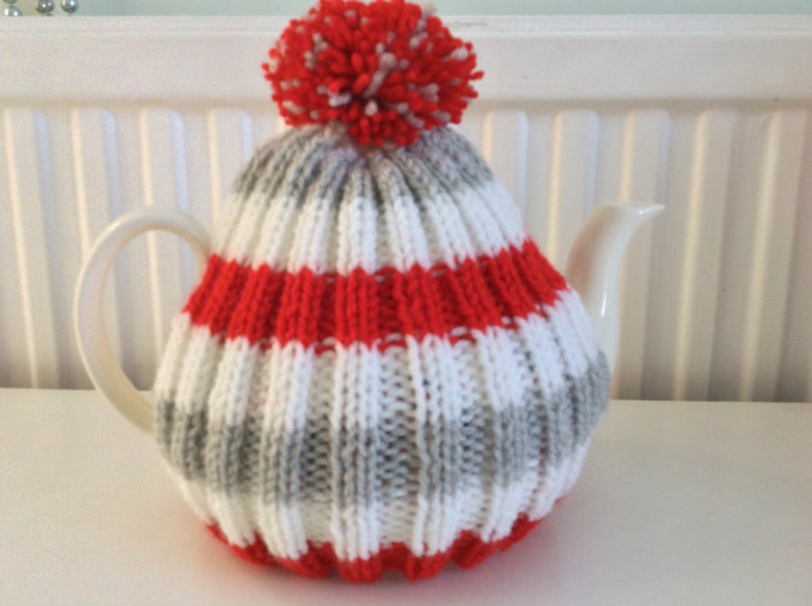 Red and grey striped Tea Cosy - fits up to a 6 cup pot