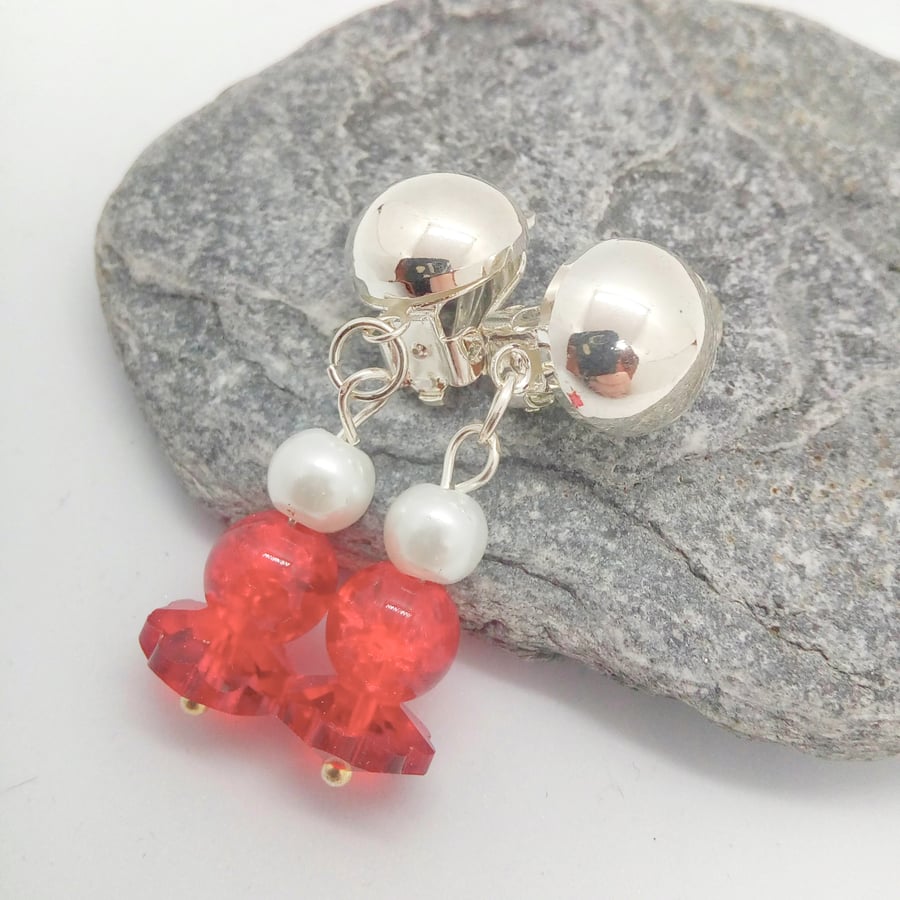 Red Glass Bead and Cream Pearl Clip on Earrings, Ladies Earrings
